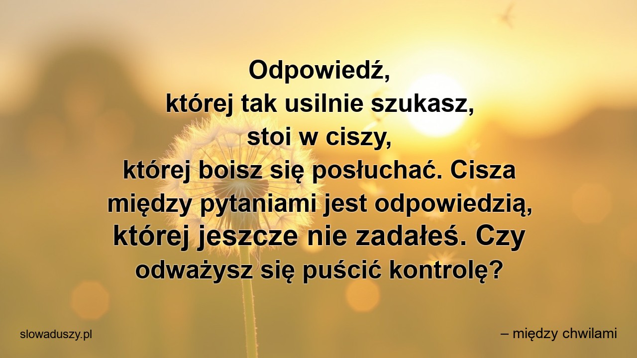 Odpowiedź,  której tak usilnie szukasz,  stoi w ciszy,  której boisz się posłuchać. Cisza między pytaniami jest odpowiedzią,  której jeszcze nie zadałeś. Czy odważysz się puścić kontrolę?