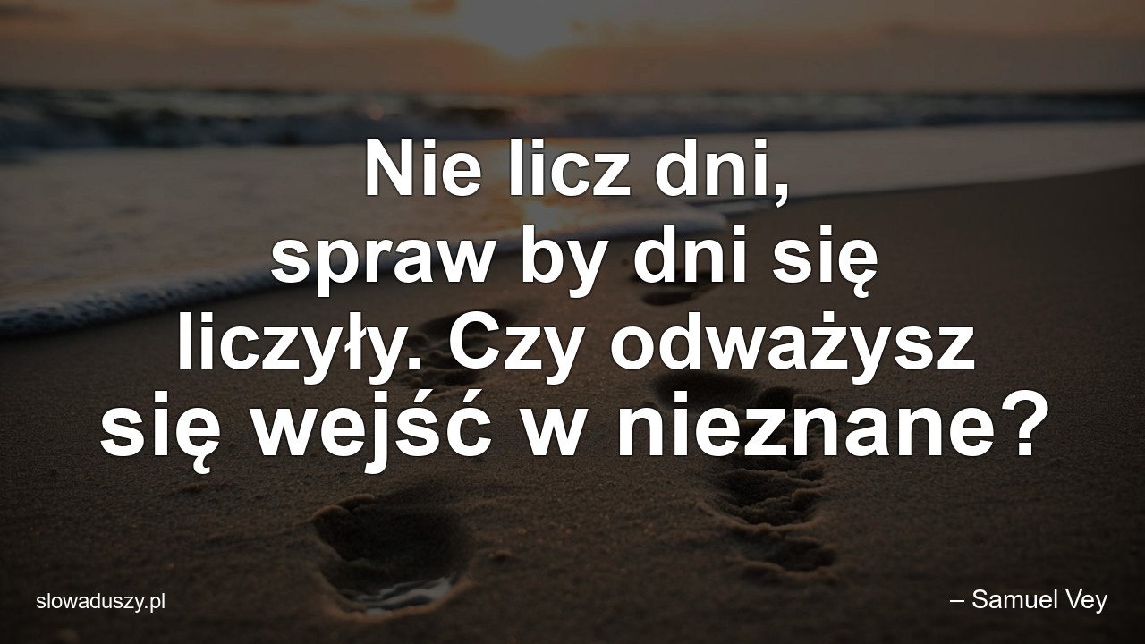 Nie licz dni,  spraw by dni się liczyły. Czy odważysz się wejść w nieznane? - – Samuel Vey