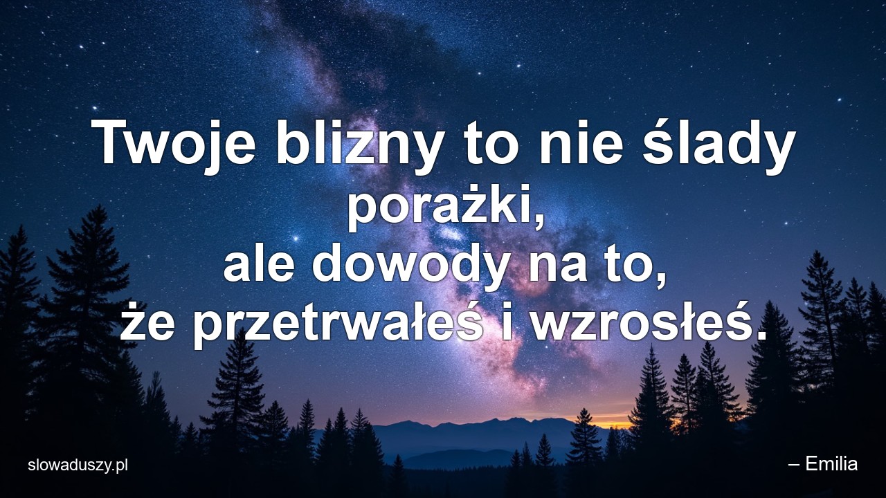 Twoje blizny to nie ślady porażki,  ale dowody na to,  że przetrwałeś i wzrosłeś.