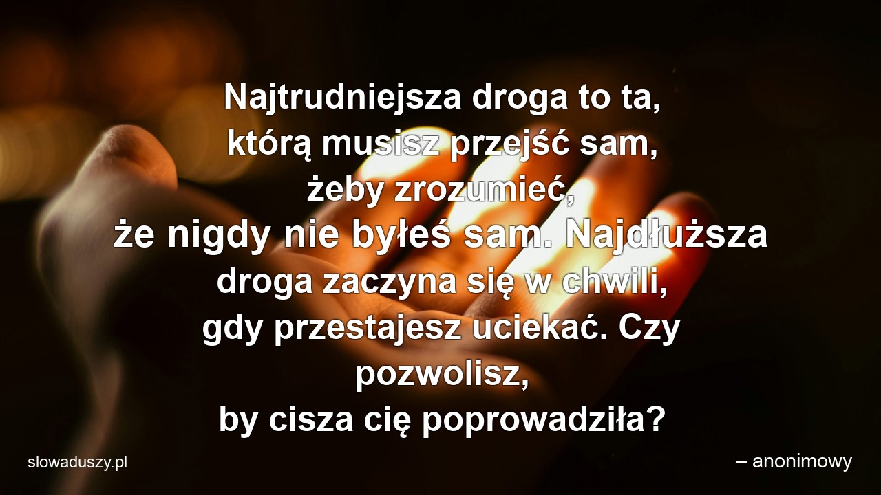 Najtrudniejsza droga to ta,  którą musisz przejść sam,  żeby zrozumieć,  że nigdy nie byłeś sam. Najdłuższa droga zaczyna się w chwili,  gdy przestajesz uciekać. Czy pozwolisz,  by cisza cię poprowadziła? - – anonimowy