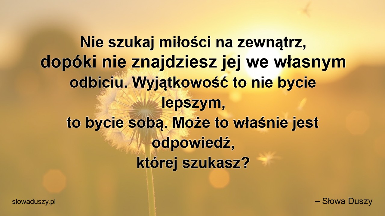 Nie szukaj miłości na zewnątrz,  dopóki nie znajdziesz jej we własnym odbiciu. Wyjątkowość to nie bycie lepszym,  to bycie sobą. Może to właśnie jest odpowiedź,  której szukasz? - – Słowa Duszy