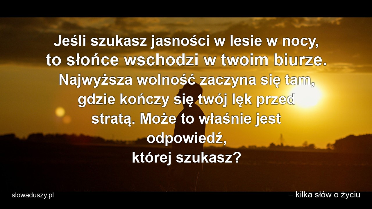 Jeśli szukasz jasności w lesie w nocy,  to słońce wschodzi w twoim biurze. Najwyższa wolność zaczyna się tam,  gdzie kończy się twój lęk przed stratą. Może to właśnie jest odpowiedź,  której szukasz? - – kilka słów o życiu