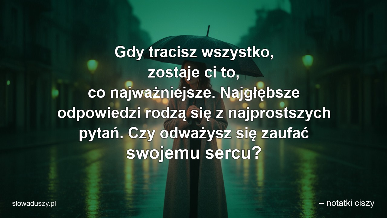 Gdy tracisz wszystko,  zostaje ci to,  co najważniejsze. Najgłębsze odpowiedzi rodzą się z najprostszych pytań. Czy odważysz się zaufać swojemu sercu? - – notatki ciszy