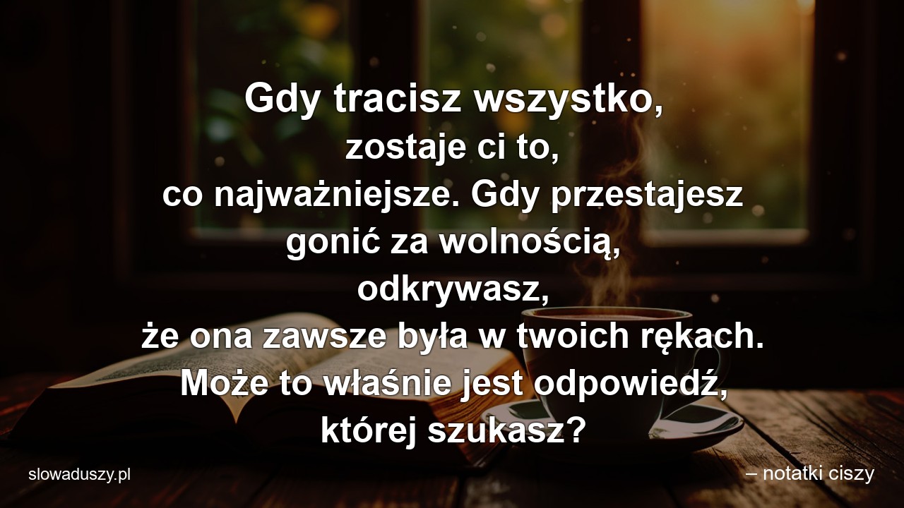 Gdy tracisz wszystko,  zostaje ci to,  co najważniejsze. Gdy przestajesz gonić za wolnością,  odkrywasz,  że ona zawsze była w twoich rękach. Może to właśnie jest odpowiedź,  której szukasz?
