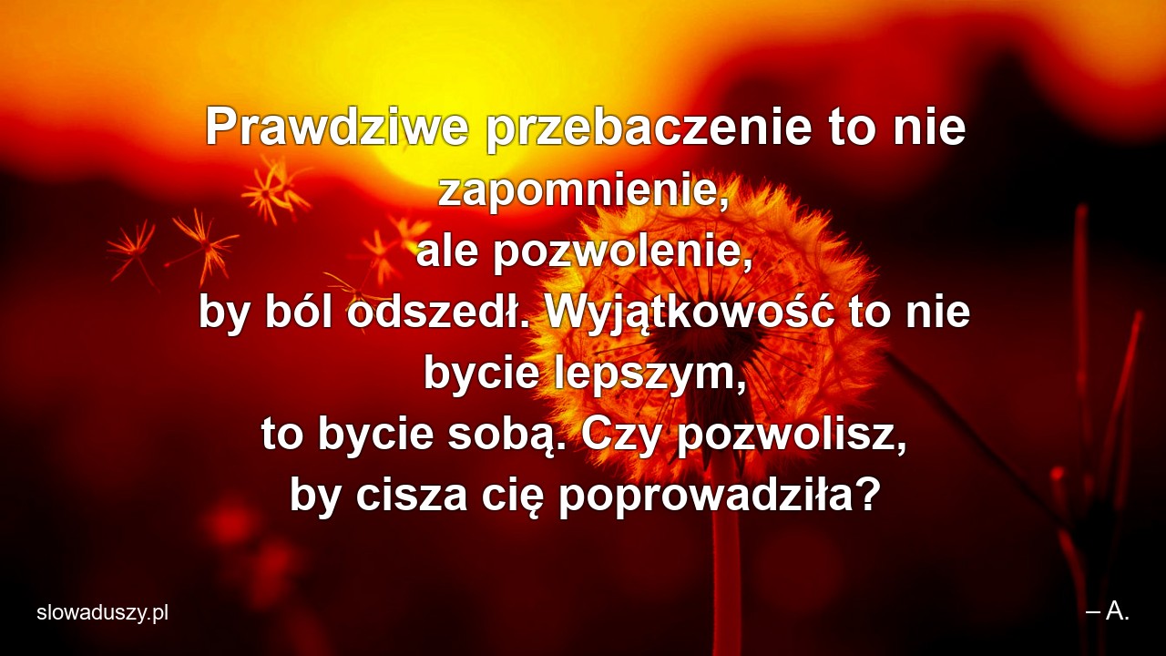 Prawdziwe przebaczenie to nie zapomnienie,  ale pozwolenie,  by ból odszedł. Wyjątkowość to nie bycie lepszym,  to bycie sobą. Czy pozwolisz,  by cisza cię poprowadziła?