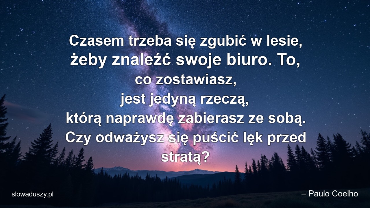 Czasem trzeba się zgubić w lesie,  żeby znaleźć swoje biuro. To,  co zostawiasz,  jest jedyną rzeczą,  którą naprawdę zabierasz ze sobą. Czy odważysz się puścić lęk przed stratą?