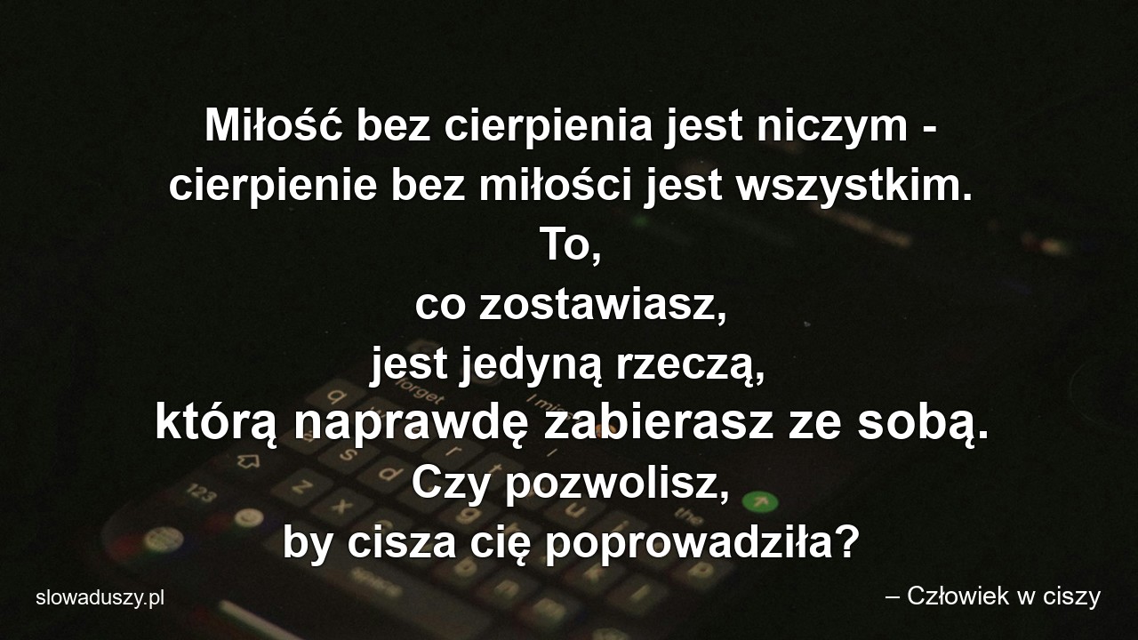 Miłość bez cierpienia jest niczym - cierpienie bez miłości jest wszystkim. To,  co zostawiasz,  jest jedyną rzeczą,  którą naprawdę zabierasz ze sobą. Czy pozwolisz,  by cisza cię poprowadziła?