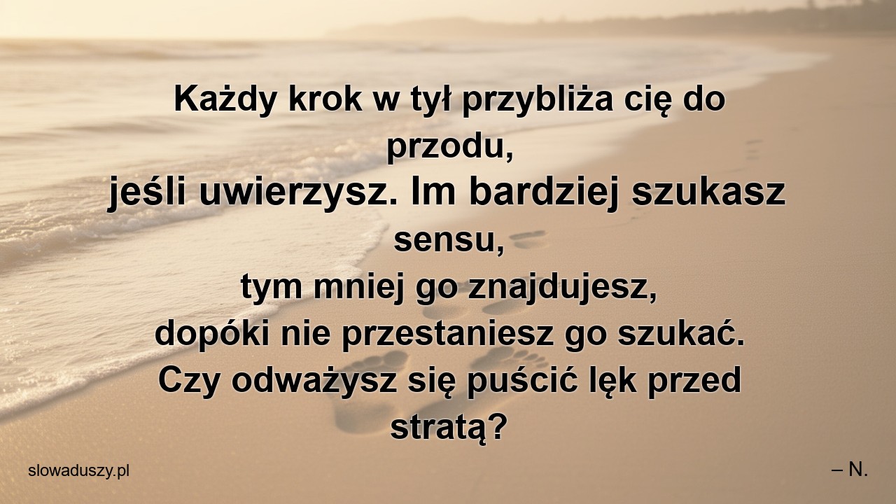 Każdy krok w tył przybliża cię do przodu,  jeśli uwierzysz. Im bardziej szukasz sensu,  tym mniej go znajdujesz,  dopóki nie przestaniesz go szukać. Czy odważysz się puścić lęk przed stratą?
