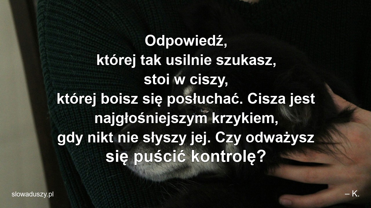 Odpowiedź,  której tak usilnie szukasz,  stoi w ciszy,  której boisz się posłuchać. Cisza jest najgłośniejszym krzykiem,  gdy nikt nie słyszy jej. Czy odważysz się puścić kontrolę?