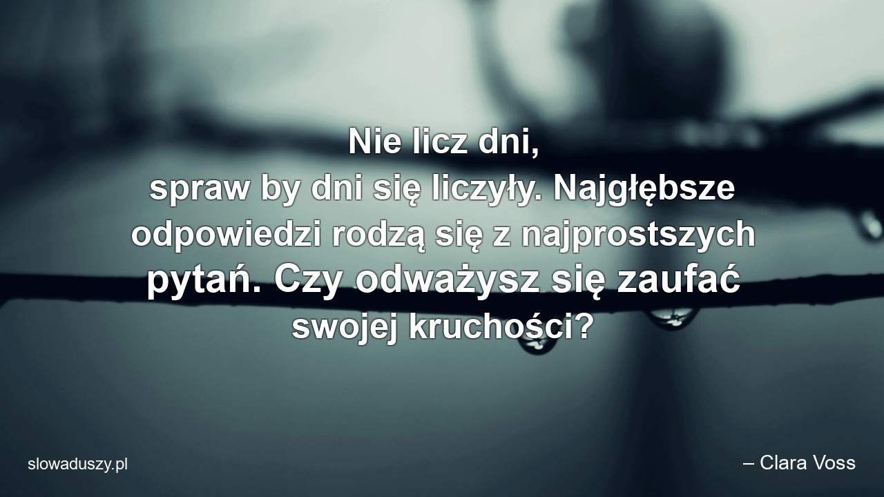 Nie licz dni,  spraw by dni się liczyły. Najgłębsze odpowiedzi rodzą się z najprostszych pytań. Czy odważysz się zaufać swojej kruchości?