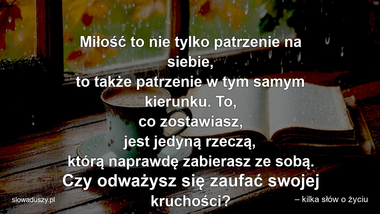 Miłość to nie tylko patrzenie na siebie,  to także patrzenie w tym samym kierunku. To,  co zostawiasz,  jest jedyną rzeczą,  którą naprawdę zabierasz ze sobą. Czy odważysz się zaufać swojej kruchości?