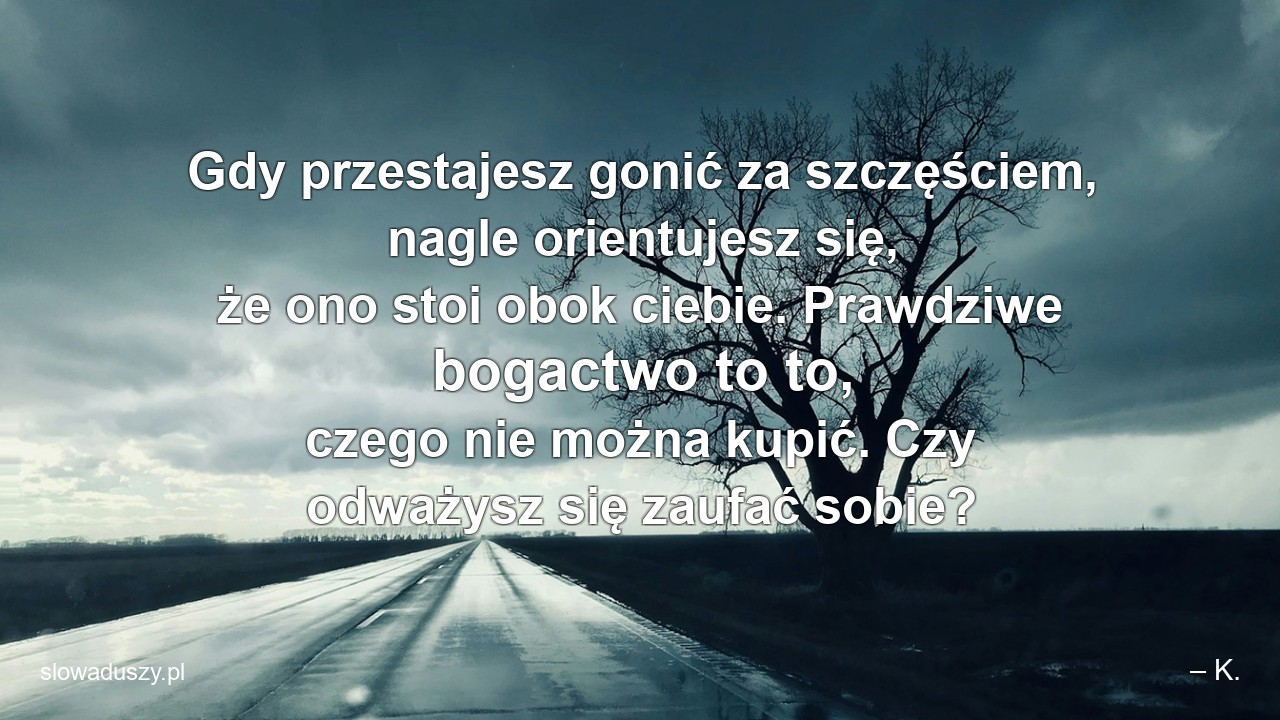 Gdy przestajesz gonić za szczęściem,  nagle orientujesz się,  że ono stoi obok ciebie. Prawdziwe bogactwo to to,  czego nie można kupić. Czy odważysz się zaufać sobie?
