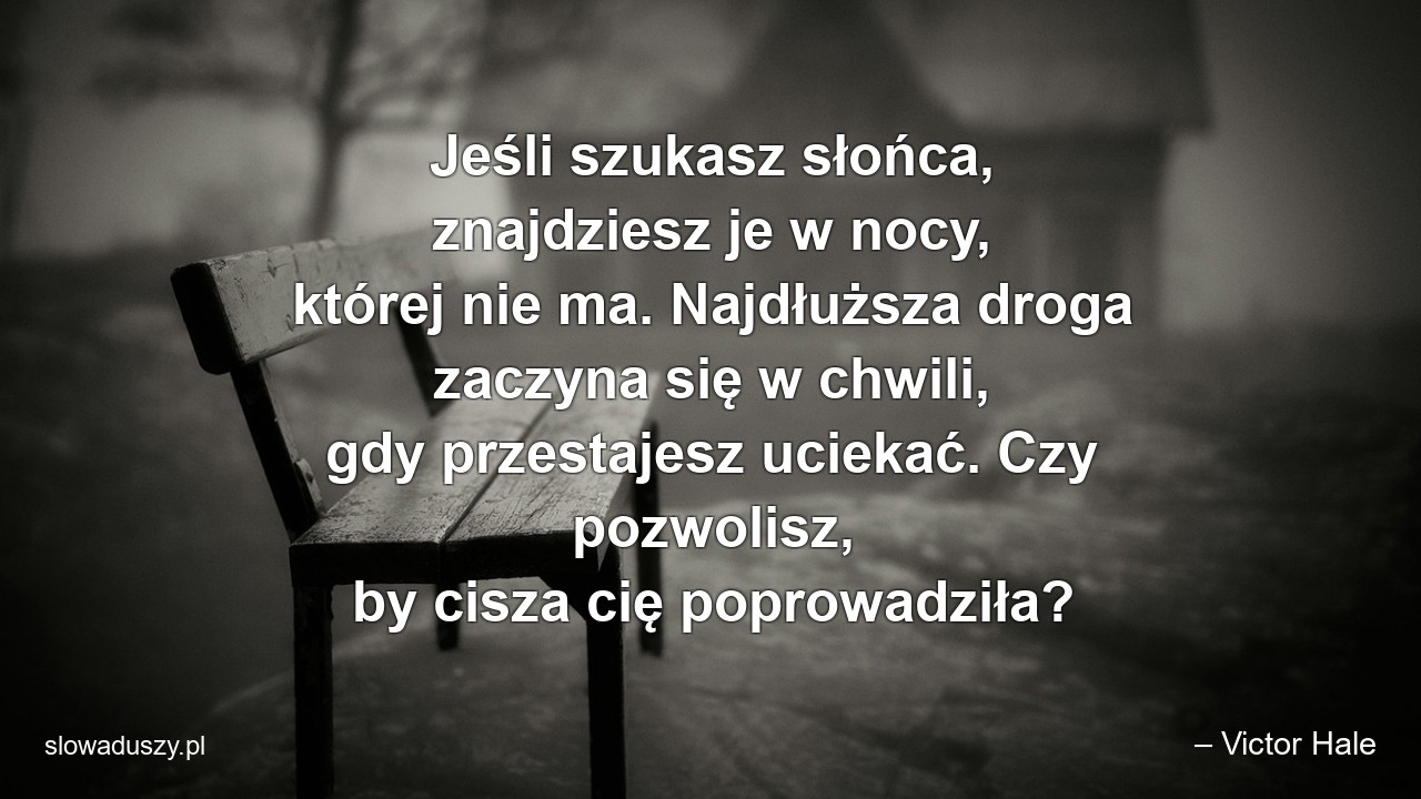 Jeśli szukasz słońca,  znajdziesz je w nocy,  której nie ma. Najdłuższa droga zaczyna się w chwili,  gdy przestajesz uciekać. Czy pozwolisz,  by cisza cię poprowadziła?